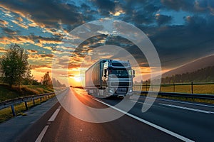 Sunset Trucking: Big Rig Truck on Open Highway Wallpaper and Design, Generative AI