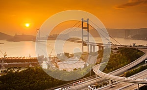 Sunset of Tsing Ma Bridge in Hong Kong