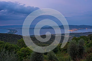 Sunset twilight landscape at Orbetello lagoon natural park, beautiful sky scenic coast aerial view from Monte Argentario, tourism