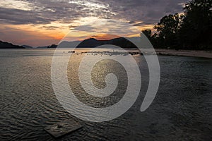 Sunset twilight sky and clolud reflect on sea beach with silhouette tree background at koh mak travel island landscape in Thailand