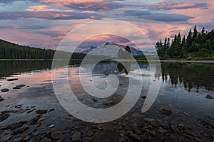 Sunset at Two Jack Lake in Banff National Park , Canada