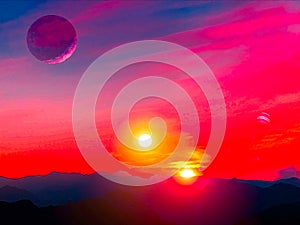 Sunset with Two Suns Fantasy Planet Landscape