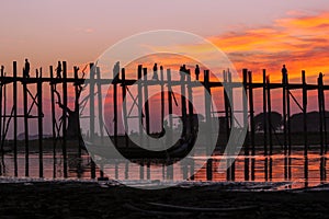 Sunset at the U Bein Bridge at the Taungthaman Lake near Amarapura, Myanmar