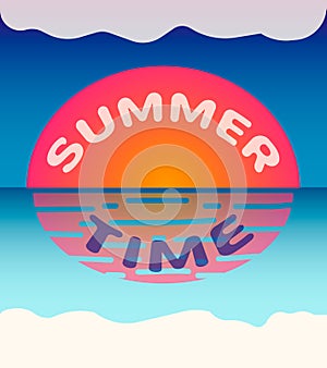 Sunset under ocean and text summertime vector.