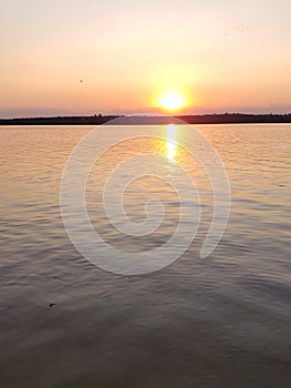 Sunset under Pivdennyi Buh river in Mykolaiv city, Ukraine