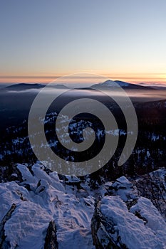 Sunset in Ural mountains.Taiga,Russia.Taganay park photo