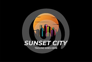 Sunset Urban City Town Building Silhouette Logo Design Vector