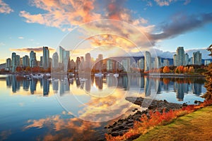 Sunset in Vancouver, British Columbia, Canada. Beautiful cityscape, Beautiful view of the downtown Vancouver skyline, British