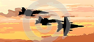 Sunset vector with airplane jet fighter