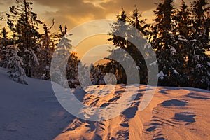 Sunset from Velka Raca mountain in Kysucke Beskydy during winter