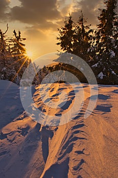 Sunset from Velka Raca mountain in Kysucke Beskydy during winter