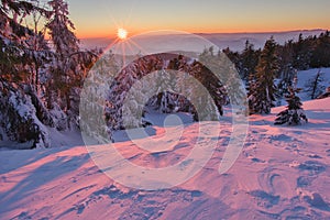 Sunset from Velka Raca mountain in Kysucke Beskydy during winter