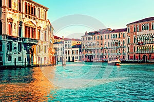 Sunset in Venice, Italy. Boat on Grand Canal.