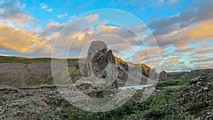 Sunset in Vesturdalur â€“ basalt column formations â€“ Asbyrgi during the sunset, Vatnajokull National Park, Iceland