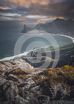 Sunset view across Mountains and Ocean