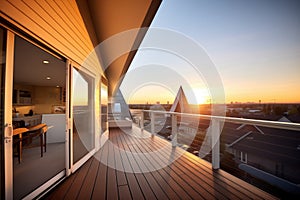 sunset view with aframe silhouette and lit loft balcony photo