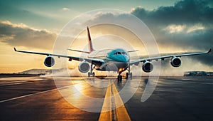 Sunset view of airplane on airport runway under dramatic sky. Front view of a modern large civil plane