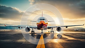 Sunset view of airplane on airport runway under dramatic sky. Front view of a modern large civil plane