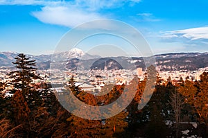 Sunset view of Aizu Wakamatsu city from aerial angle