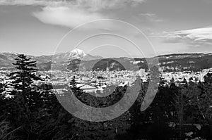 Sunset view of Aizu Wakamatsu city from aerial angle