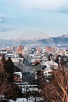 Sunset view of Aizu Wakamatsu city from aerial angle