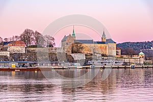 Sunset view of the Akershus fort in Oslo, Norway