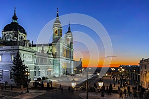 Sunset view of Almudena Cathedral in City of Madrid