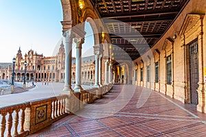 Sunset view of an arcade at Plaza de Espana in Sevilla, Spain