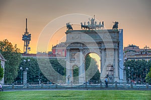 Sunset view of Arco della Pace in Italian city Milano