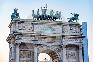 Sunset view of Arco della Pace in Italian city Milano