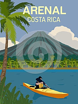 kayaking at arenal lake with volcano mountain background in Costa Rica illustration best for travel poster with vintage style