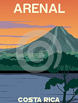 Sunset view arenal volcano  mountain from arenal lake in Costa Rica illustration best for travel poster