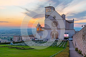 Sunset view of basilica of saint francis of Assisi, Italy