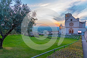 Sunset view of basilica of saint francis of Assisi, Italy