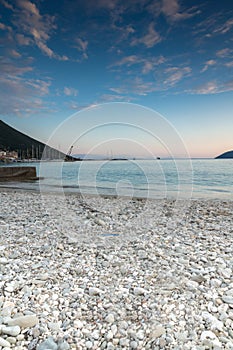 Sunset view on the beach of village of Vasiliki, Lefkada, Greece