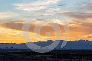 Sunset view of the beautiful strip skyline with red clouds