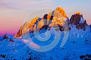 Sunset view of Belvedere valley near Canazei of Val di Fassa, Do photo
