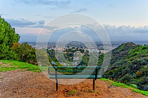 Sunset View of Bench and Los Angeles from Runyon Canyon Overlook