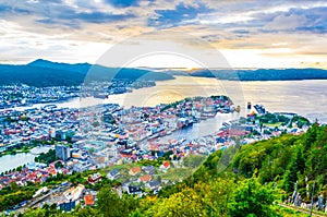 Sunset view on Bergen and harbor from the mountain floyen...IMAGE