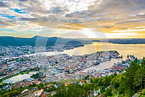 Sunset view on Bergen and harbor from the mountain floyen...IMAGE