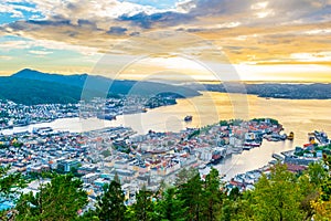 Sunset view on Bergen and harbor from the mountain floyen...IMAGE