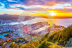 Sunset view on Bergen and harbor from the mountain floyen...IMAGE