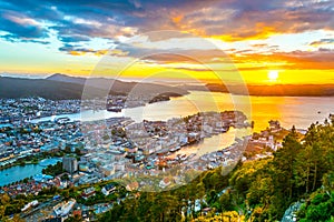 Sunset view on Bergen and harbor from the mountain floyen...IMAGE