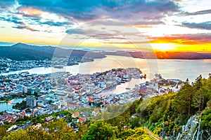 Sunset view on Bergen and harbor from the mountain floyen...IMAGE