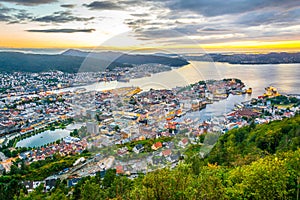 Sunset view on Bergen and harbor from the mountain floyen...IMAGE