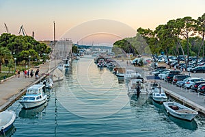 Sunset view of boats mooring at Trogir, Croatia