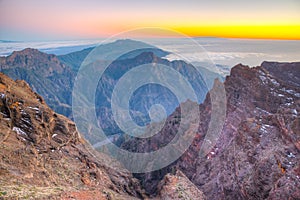 Sunset view of Caldera de Taburiente national park at La Palma from Roque de los Muchachos, Canary Islands, Spain