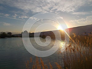 Sunset In Pamukkale With River Landscape