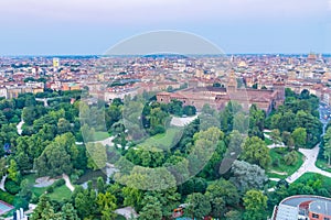 Sunset view of Castello Sforzesco from Torre Branca in Milano, Italy