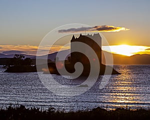 Sunset View of Castle Stalker in the Scottish Highlands, UK